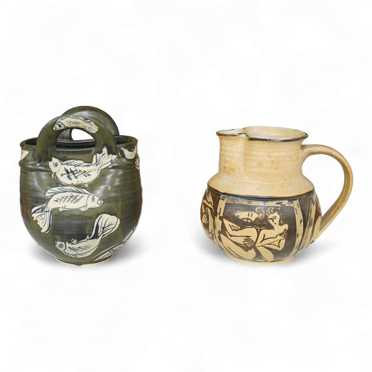 Yolande Beer (Sussex, contemporary), two Studio pottery vessels to include a vase in the form of a basket decorated with fish, largest